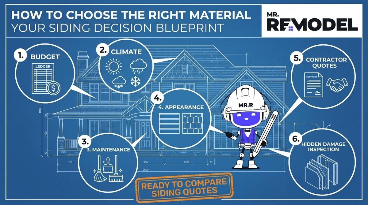 Six-step siding selection checklist showing how homeowners should compare budget, climate, maintenance, home style, quotes, and hidden damage.